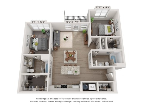 Two-bedroom apartment floor plan at Plat 10 Living Windsor CO offering separated bedrooms and open layout.